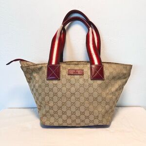 Gucci Vintage Monogram Signature Tote with Red Straps and Cherry Leather